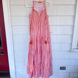 Oliphant Long Tiered Tassel Maxi Dress Orange White Vertical Stripes size XS